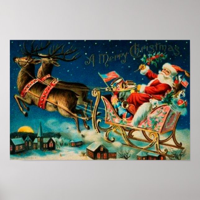 Vintager Weihnachtsmann Sleigh Weihnachten Poster (Vorne)