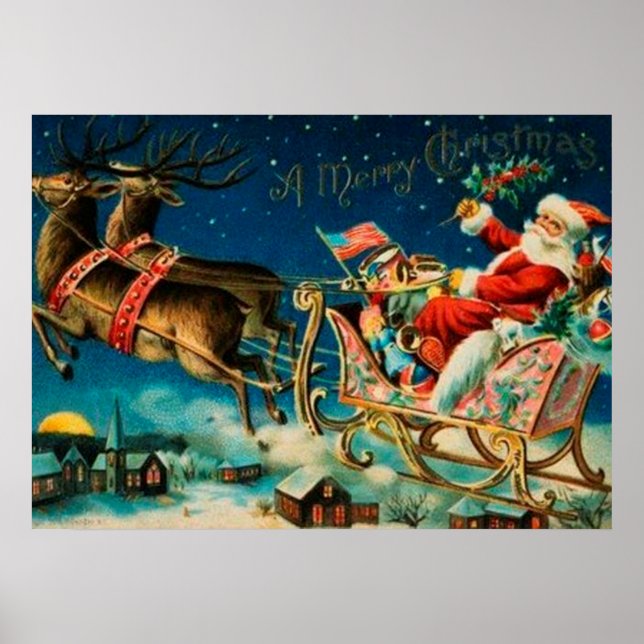 Vintager Weihnachtsmann Sleigh Weihnachten Poster (Vorne)