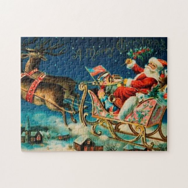 Vintager Weihnachtsmann Sleigh Weihnachten Puzzle (Horizontal)