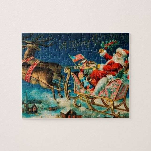 Vintager Weihnachtsmann Sleigh Weihnachten Puzzle (Horizontal)