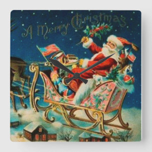 Vintager Weihnachtsmann Sleigh Weihnachten Quadratische Wanduhr