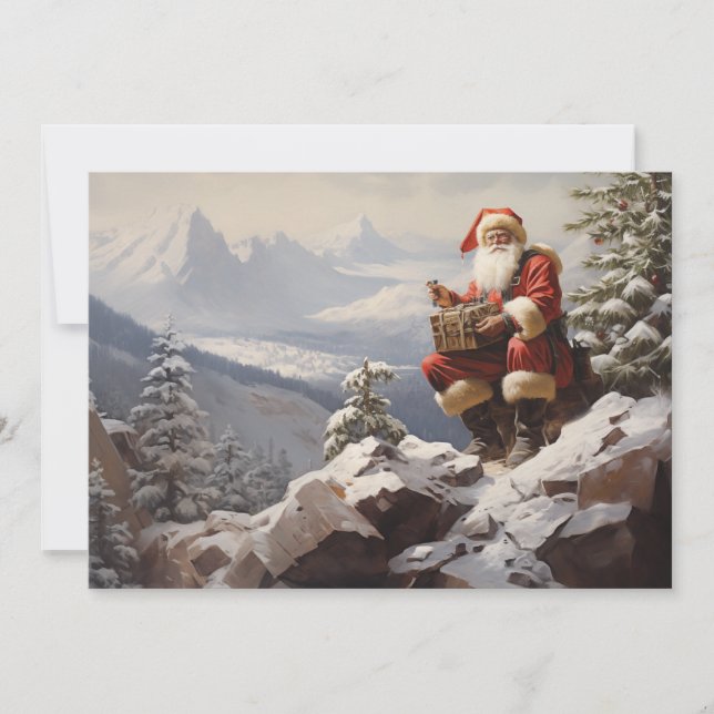 Vintager Weihnachtsmann Snowy Mountain Frohe Weihn Feiertagskarte (Vorderseite)