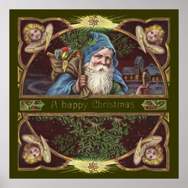 Vintager Weihnachtsmann und Engel Poster (Vorne)