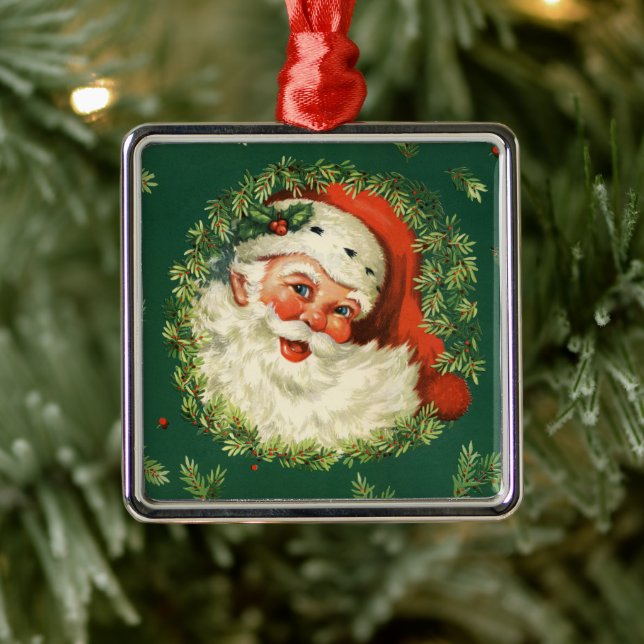 Vintager Weihnachtsmann und Kiefernkranz Silbernes Ornament (Baum)