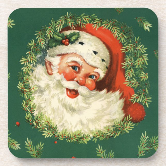 Vintager Weihnachtsmann und Kiefernkranz Untersetzer (Vorderseite)