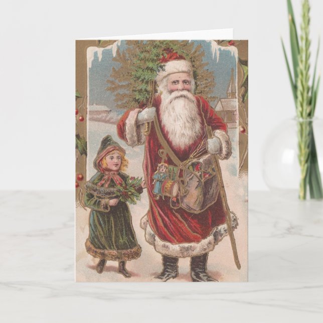 Vintager Weihnachtsmann und Kind Feiertagskarte (Vorderseite)