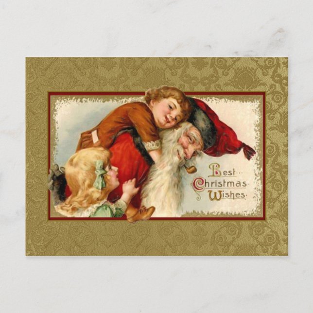 Vintager Weihnachtsmann und Kinder Feiertagspostkarte (Vorderseite)