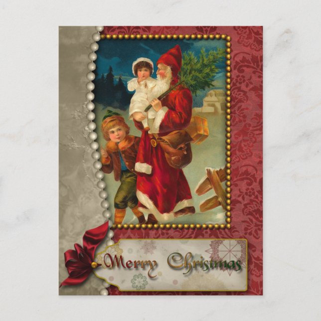 Vintager Weihnachtsmann und Kinder Postkarte (Vorderseite)