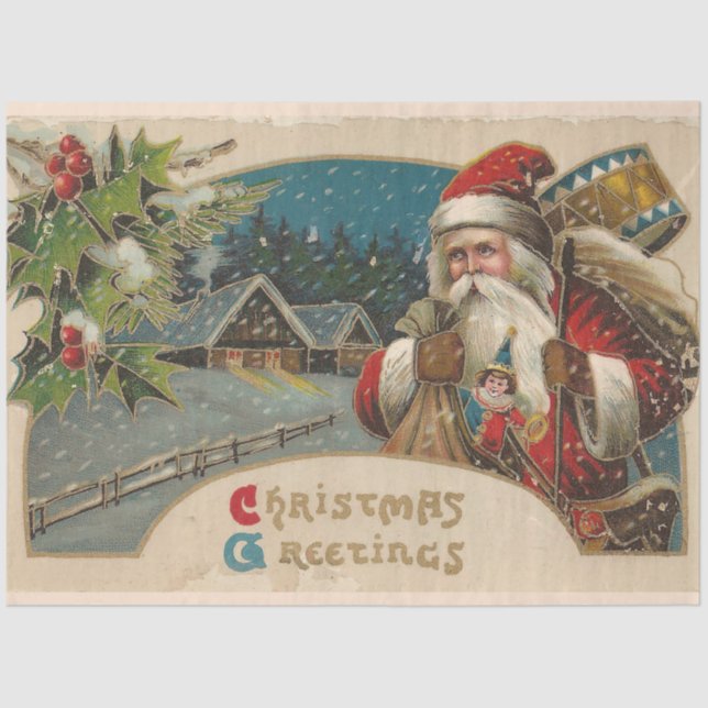 Vintager Weihnachtsmann und Mistletoe Seidenpapier (Vorderseite)