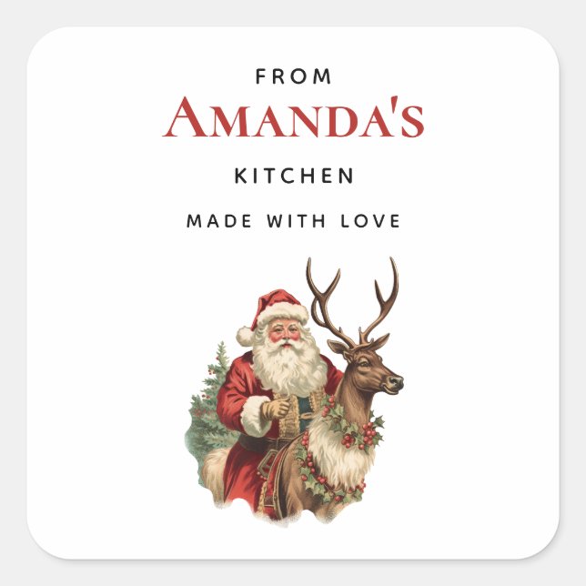 Vintager Weihnachtsmann und Reindeer Weihnachtsküc Quadratischer Aufkleber (Vorderseite)