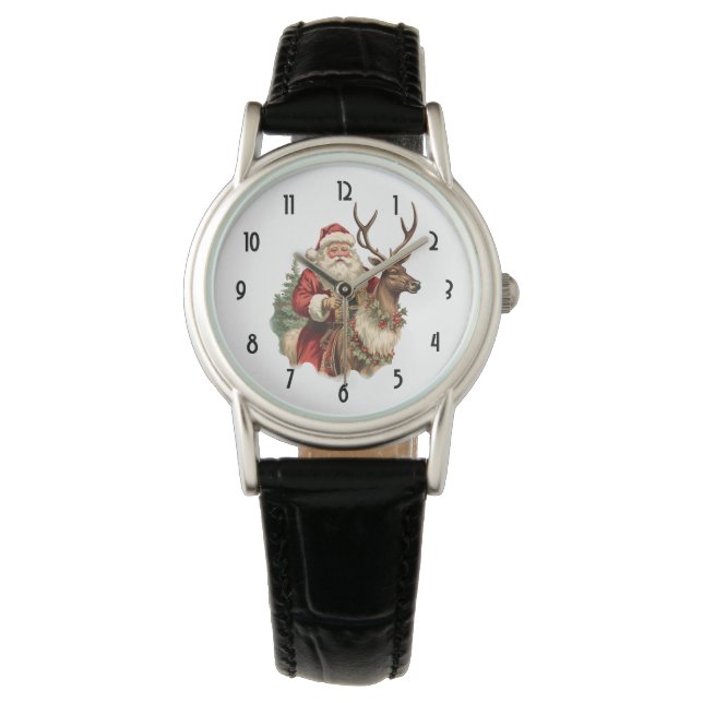 Vintager Weihnachtsmann und Reindei Weihnachten Armbanduhr (Vorderseite)