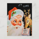 Vintager Weihnachtsmann und sein Rentier  Feiertagspostkarte<br><div class="desc">Vintager Weihnachtsmann und seine niedlichen Rentiere mit einem Schild vom 25. Dezember.</div>