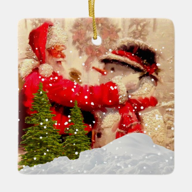 Vintager Weihnachtsmann und Snowman Weihnachtsschm Keramikornament (Vorderseite)