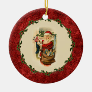 Vintager Weihnachtsmann und Strumpf Keramik Ornament