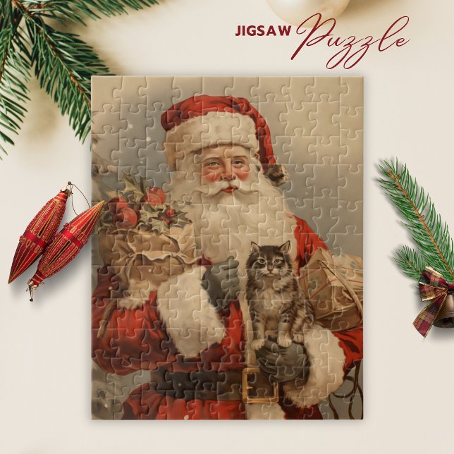 Vintager Weihnachtsmann Weihnachten Jigsaw Puzzle (Vintage Santa Claus Cat Christmas Jigsaw Puzzle)