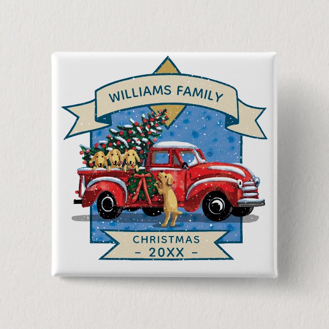 Vintager Weihnachtsroter LKW mit Hunden Familienna Button (Vorderseite)