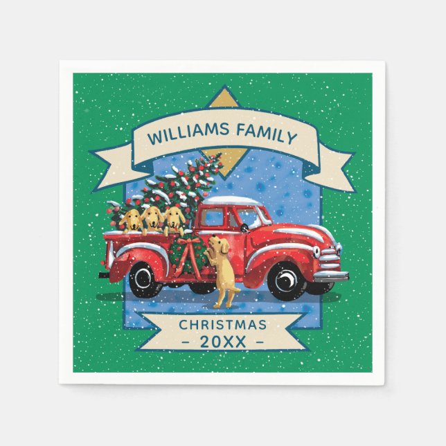 Vintager Weihnachtsroter LKW mit Hunden Familienna Serviette (Vorderseite)