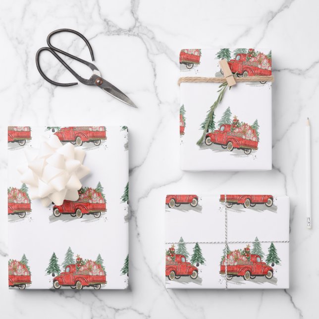 Vintager Weihnachtsrottruck Geschenkpapier Set (Vorderseite)