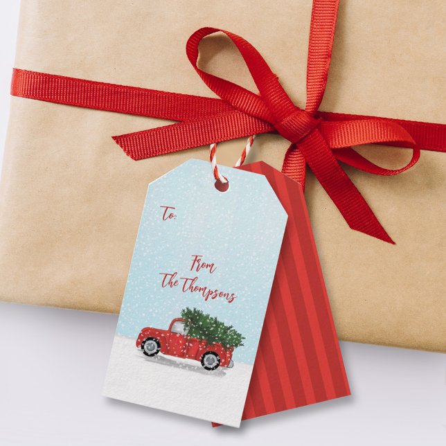 Vintager Weihnachtsrottzug Winterschneeflocken Geschenkanhänger (Cute whimsical winter watercolor rustic red truck scene gift tag.)