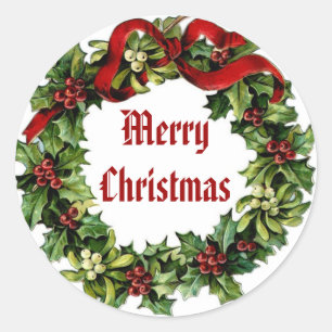 Vintager WeihnachtsstechpalmeWreath mit rotem Band Runder Aufkleber