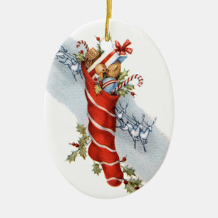 Vintager WeihnachtsStrumpf mit Spielwaren Keramikornament