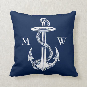 Vintager weißer Anker-Seil-Marine-Blau-Hintergrun Kissen