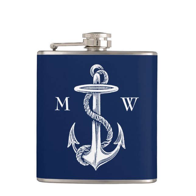 Vintager weißer Anker-Seil-Marine-Blau-Hintergrund Flachmann (Vorderseite)