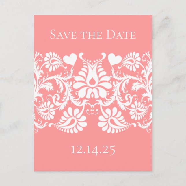 Vintager weißer Damast auf Pinky Peach dargestellt Ankündigungspostkarte (Vorderseite)