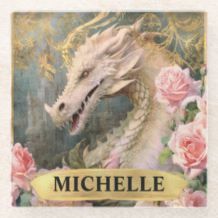 Vintager weißer Drache und rosa Rosen Glasuntersetzer