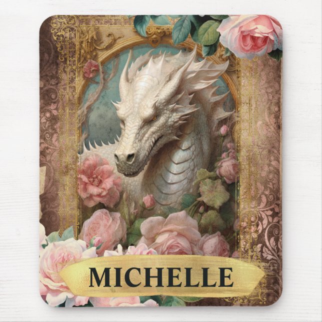 Vintager weißer Drache und rosa Rosen Mousepad (Vorne)