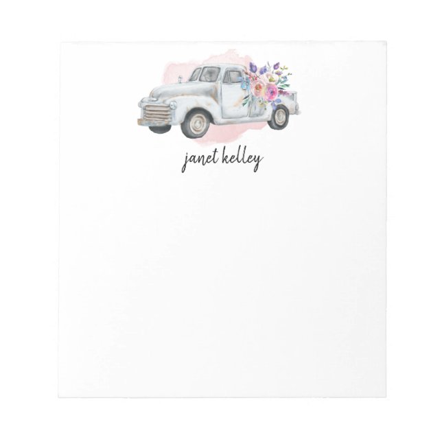 Vintager weißer LKW und Blume, Personalisiert Notizblock (Vorderseite)