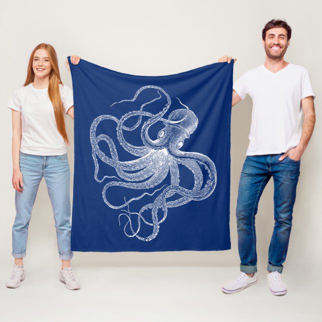 Vintager weißer Oktopus auf Navy Blue Fleecedecke (Beispiel)