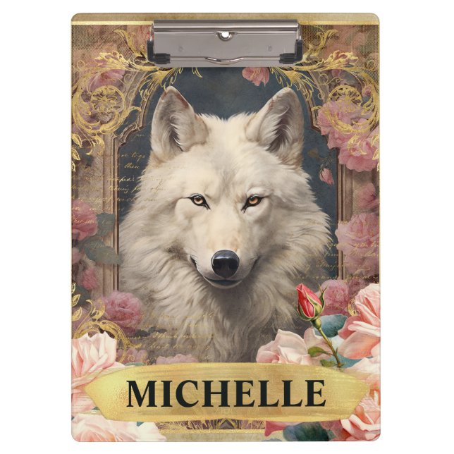 Vintager Weißer Wolf und Rosen Klemmbrett (Vorderseite)