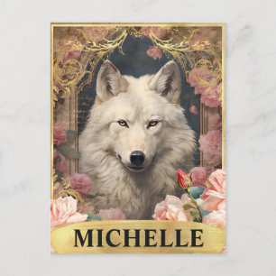 Vintager Weißer Wolf und Rosen Postkarte