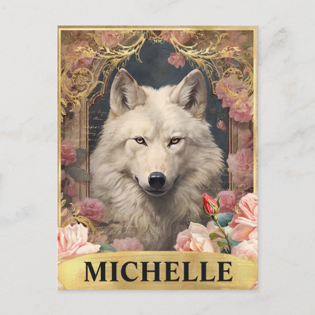 Vintager Weißer Wolf und Rosen Postkarte (Vorderseite)