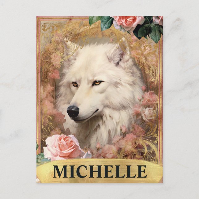 Vintager Weißer Wolf und Rosen Postkarte (Vorderseite)
