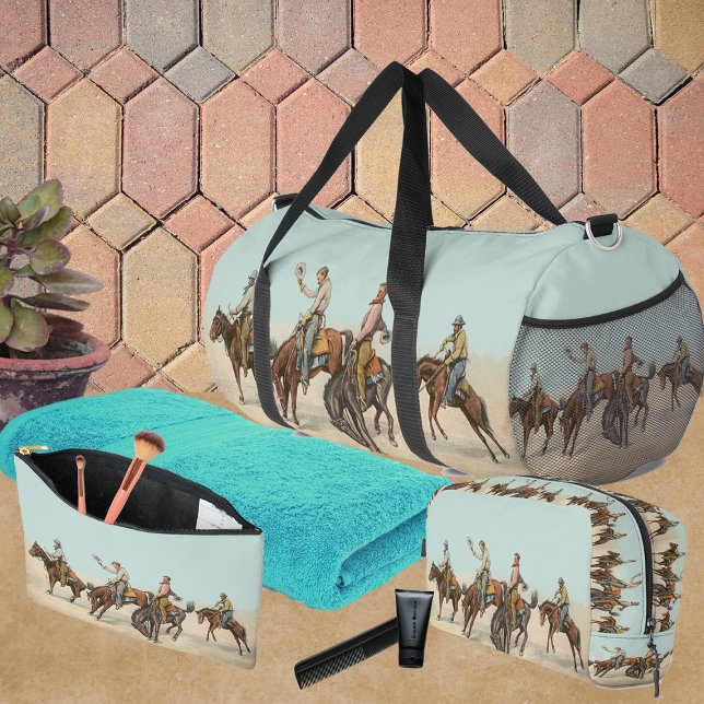 Vintager Western 4 Cowboys bei Buckelpferden Duffle Bag (Vintage western cowboys on bucking horses accessory pouch, shave kit, duffle bag and more)