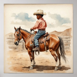Vintager Western Art African American Boy on Horse Poster