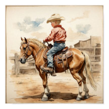 Vintager Western Art Blonde Boy on Horse