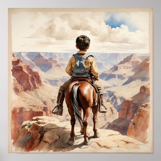 Vintager Western Art Ethnischer Junge am Pferd Poster (Vorne)