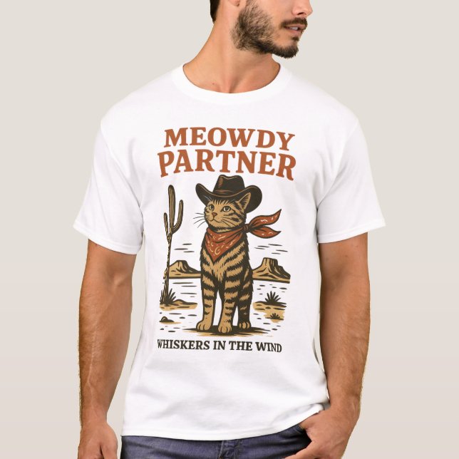 Vintager Western Cat Illustration - Meowdy Partner T-Shirt (Vorderseite)