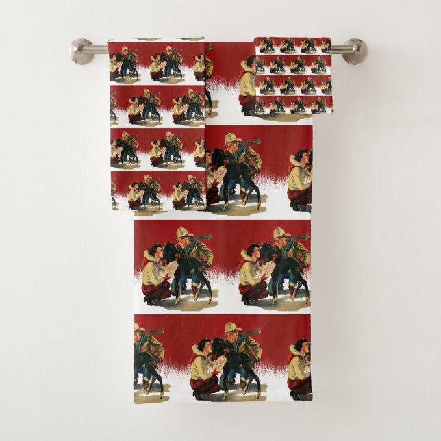Vintager Western Cowboy Cowgirl HorChristmas  Badhandtuch Set (Insitu)