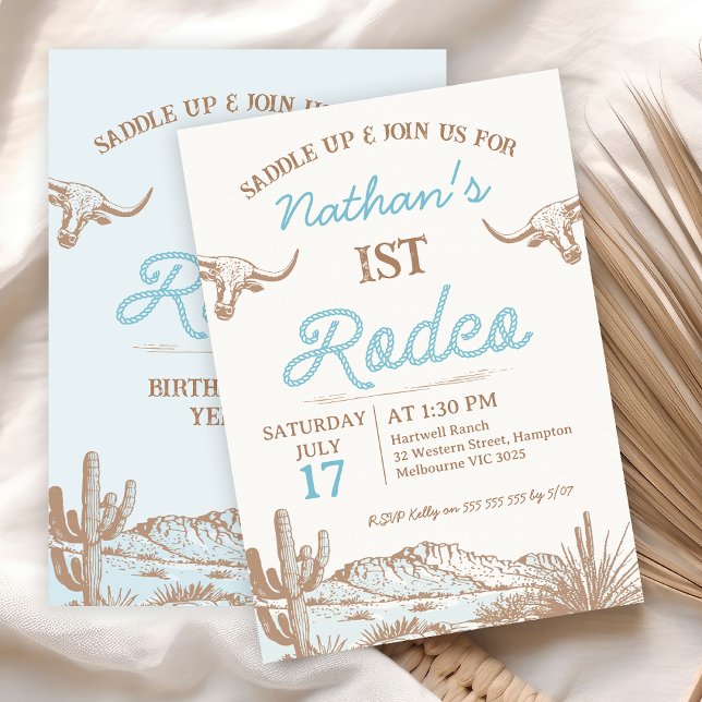 Vintager Western Cowboy First Rodeo 1. Geburtstag Einladung (Boys Rustic 1st Rodeo Birthday Invitation, First Rodeo Birthday Invitation Boy, Blue Brown Desert)
