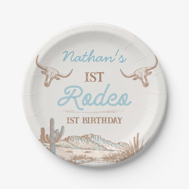 Vintager Western Cowboy First Rodeo 1. Geburtstag Pappteller (Vorderseite)
