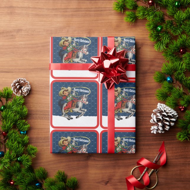 Vintager Western Cowboy Kid Pferd Papst Weihnachte Geschenkpapier (Feiertagsgeschenk)