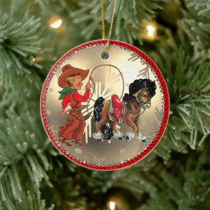 Vintager Western Cowboy Kinderross und Seil Keramik Ornament