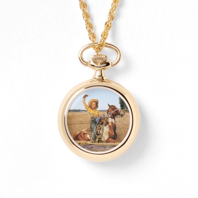 Vintager Western Cowgirl am Horse Waving Armbanduhr (Vorderseite)