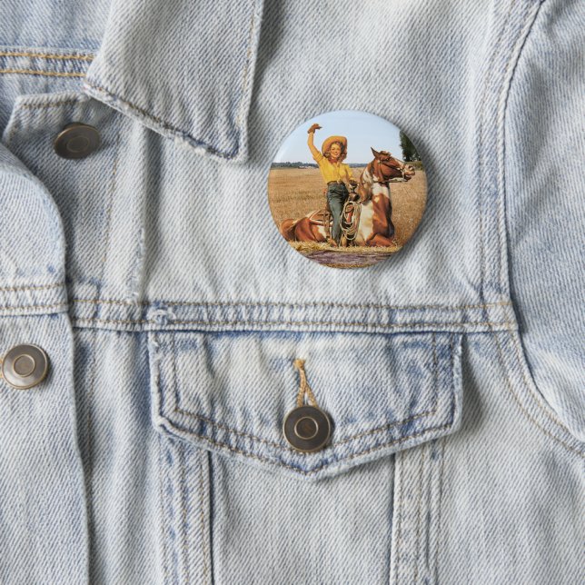 Vintager Western Cowgirl am Horse Waving Button (Beispiel)