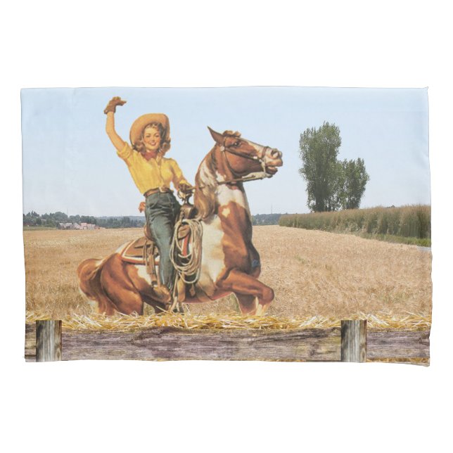Vintager Western Cowgirl am Horse Waving Kissenbezug (Vorderseite)