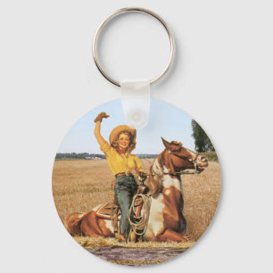 Vintager Western Cowgirl am Horse Waving Schlüsselanhänger